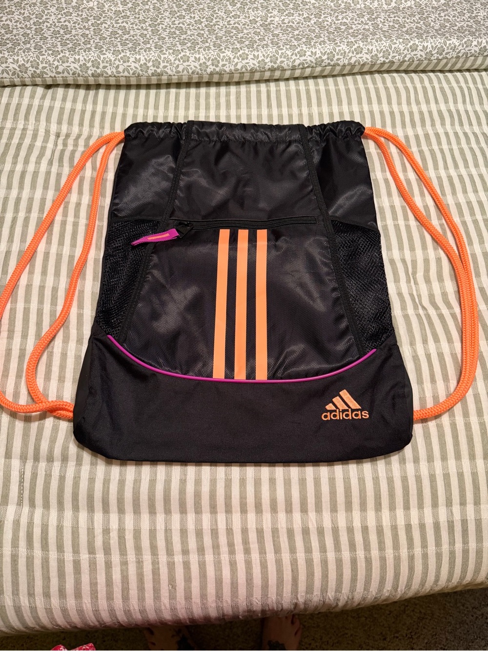 adidas Black Drawstring Bag with Orange Accents and Pink Trim